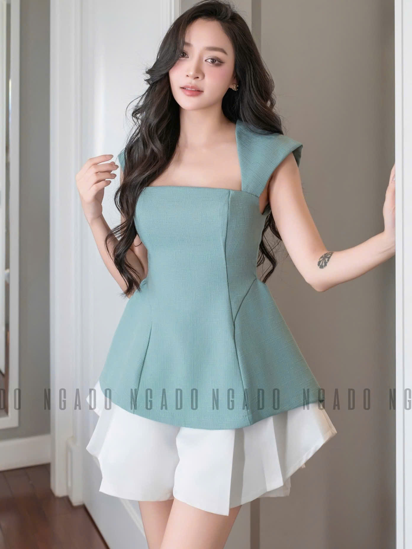 Áo xanh mint chiết eo NGADO , áo kiểu , áo chiết eo