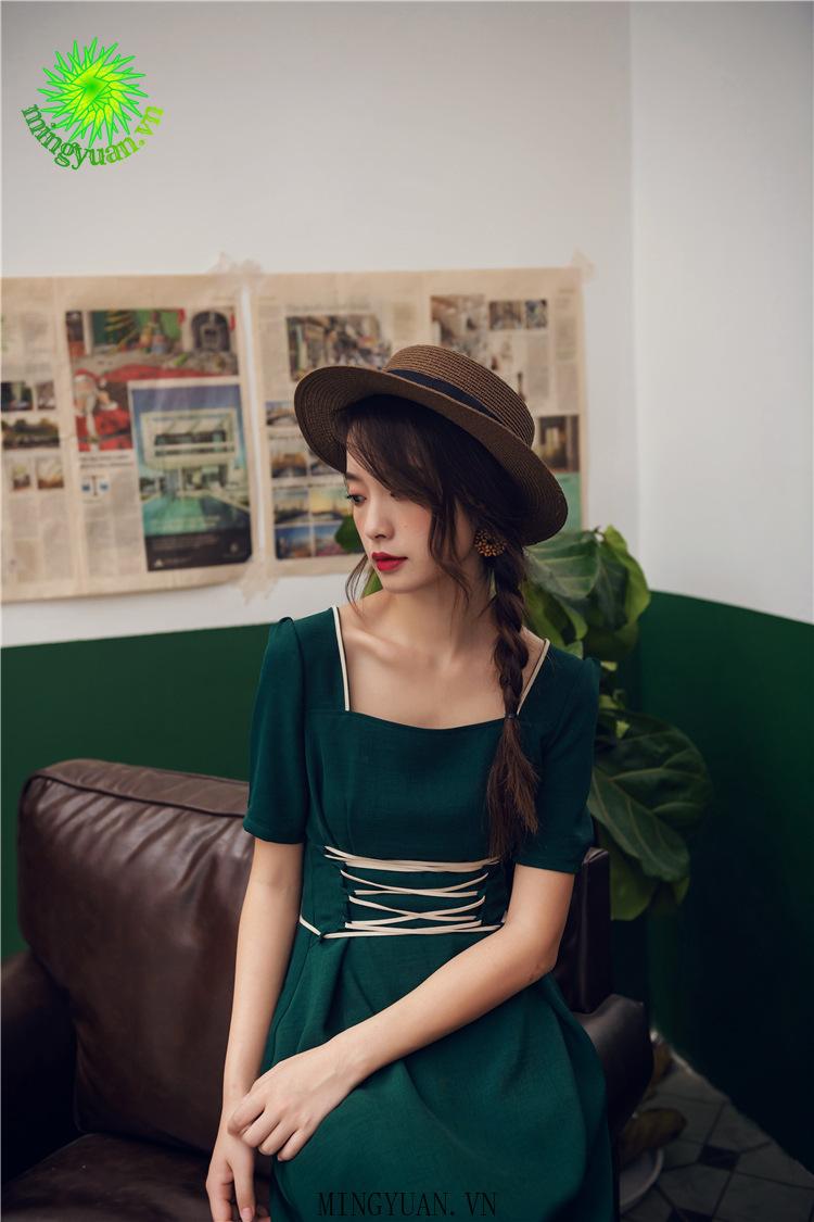 Đầm Nữ Dáng Dài Cổ Vuông Phong Cách Retro