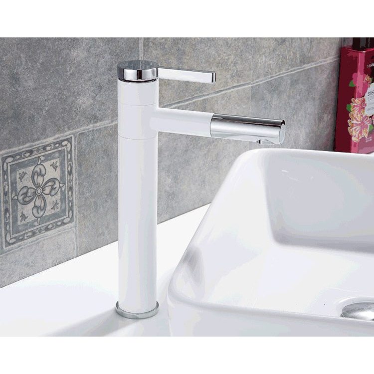 Vòi Lavabo nóng lạnh bóng kính trắng - Chân cao + 2 dây cấp