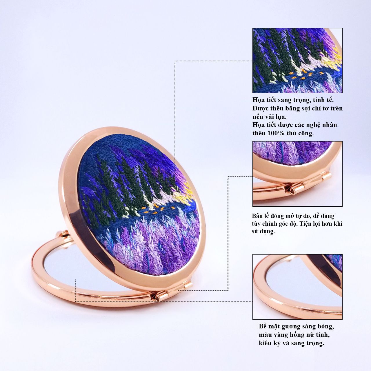 Gương Trang Điểm Mini, Gương Thêu Tay - Phụ Kiện Trang Điểm Sang Chảnh, Độc, Lạ