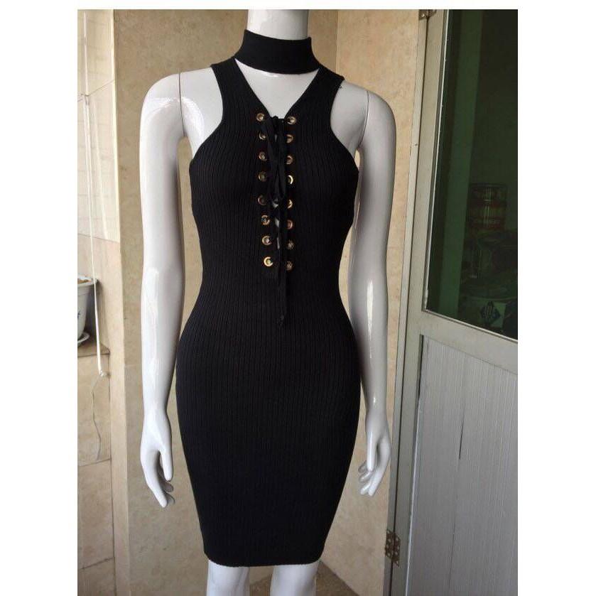 Đầm Ôm Body Thun Hai Dây Cổ Cut Out Đan Dây Chéo