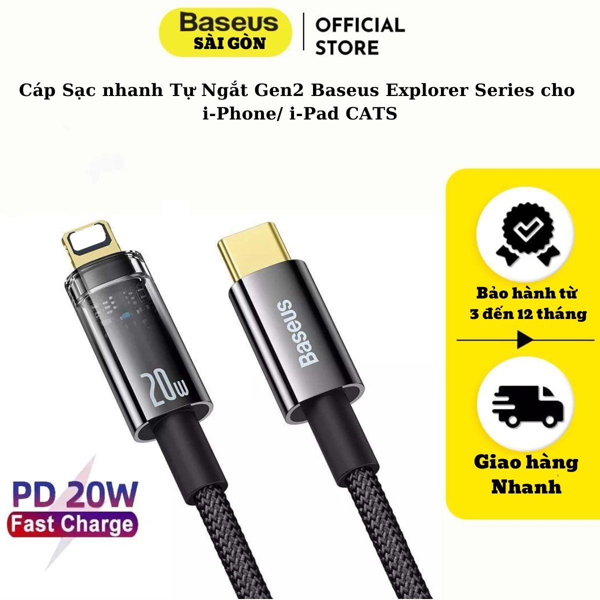 Cáp Sạc nhanh Tự Ngắt Gen2 Baseus Explorer Series cho i-Phone/ i-Pad (Type C to Light-ning Auto Power-Off, PD 20W Fast Charging Data Cable) CATS000001- Hàng chính hãng