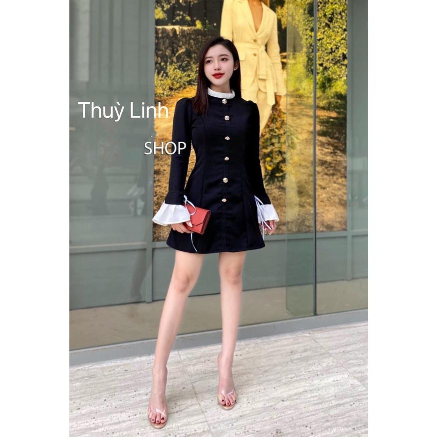 Đầm đen dự tiệc tay dài phối bèo thiết kế cổ tròn đính nút phom dáng xòe sang chảnh thời trang nữ