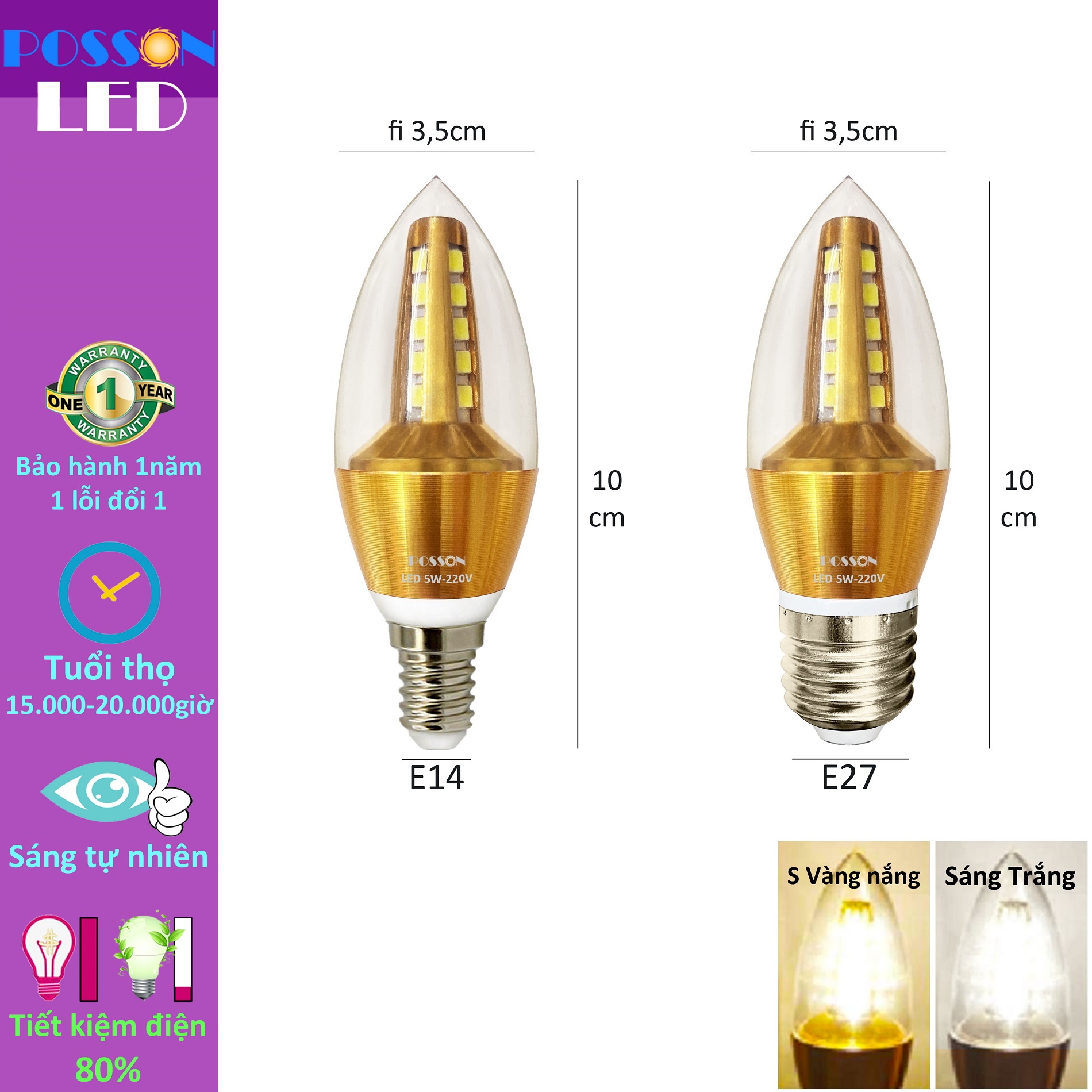 10 Bóng đèn Led nến 5w quả nhót đui đuôi E14 E27 tùy chọn Posson LCP-Ex