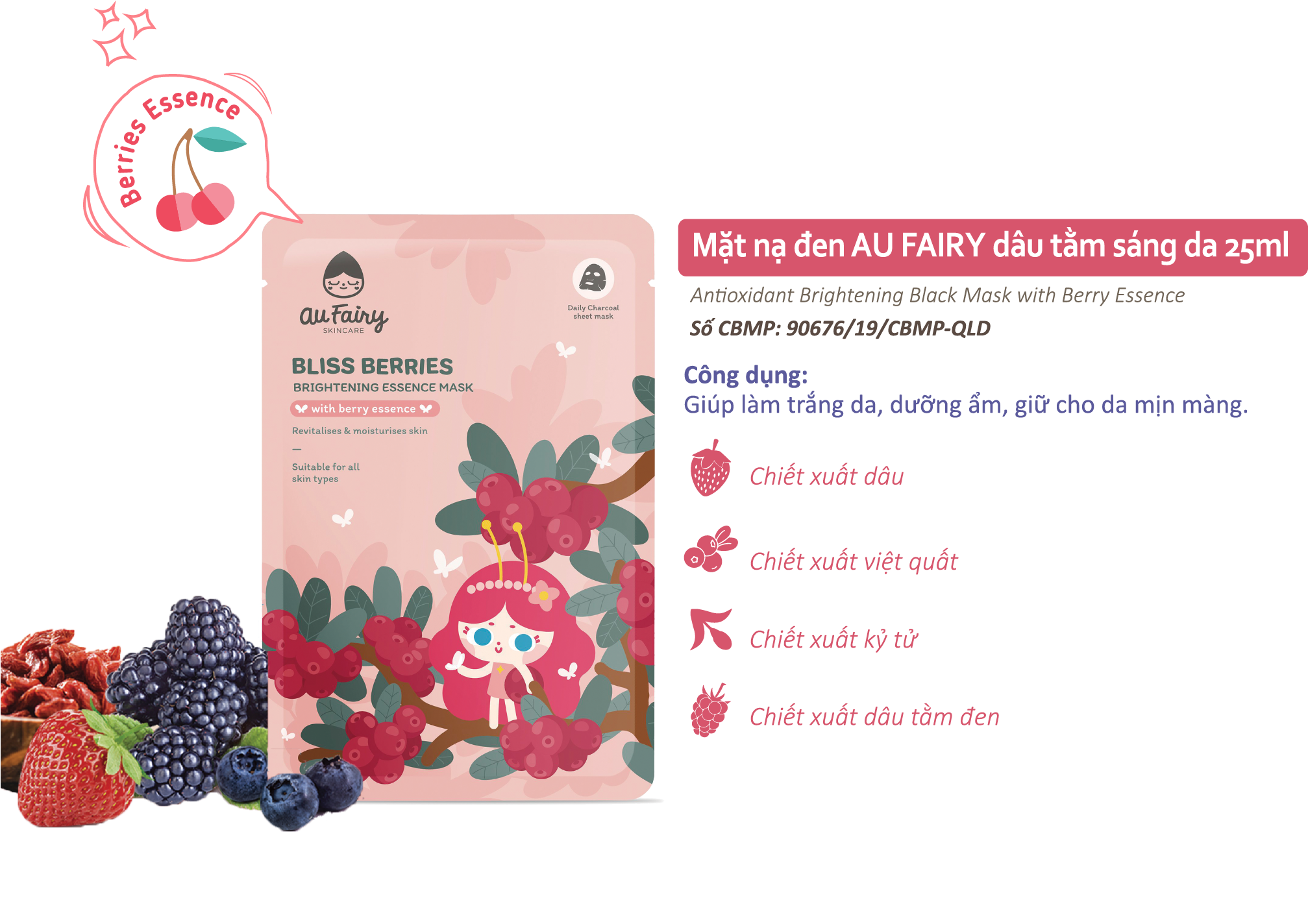 Combo 5 Mặt Nạ Đen Au Fairy Dâu Tằm Sáng Da (25ml)