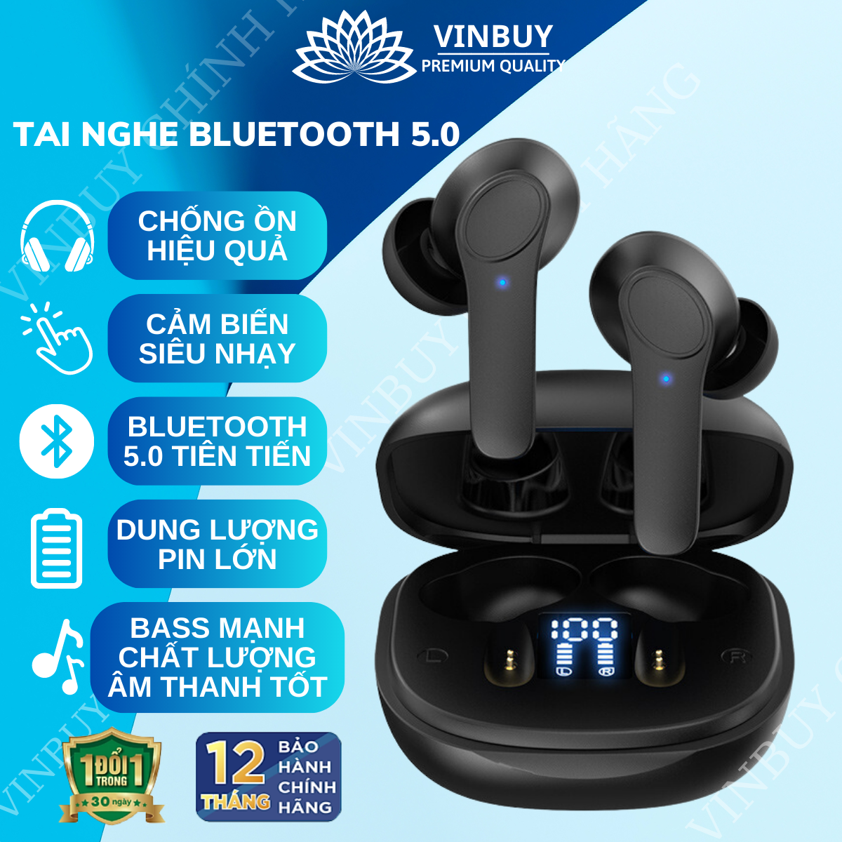 Tai Nghe Bluetooth Không Dây Nhét Tai Chống Ồn Cao Cấp V5.0 Chính Hãng Dùng Cho Iphone Samsung OPPO VIVO HUAWEI XIAOMI, Tai Nghe Không Dây - Hàng Chính Hãng VINBUY