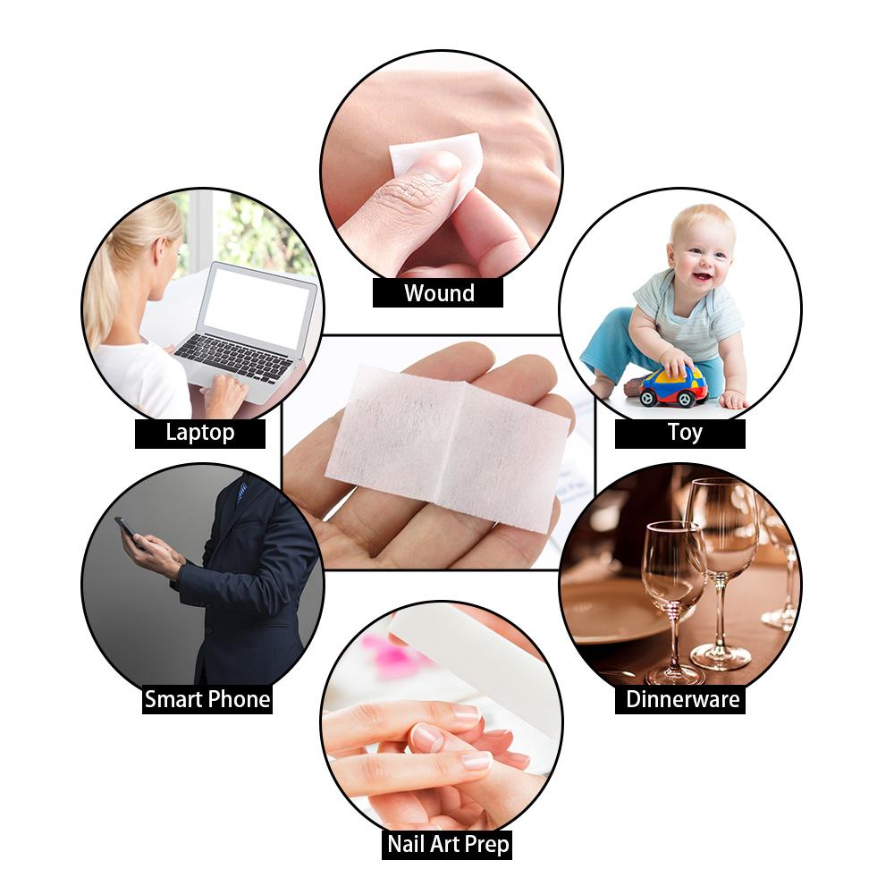 Gói 100 miếng bông rửa tẩm cồn, dùng tẩy móng tay, vệ sinh vật dụng... từ chất liệu vải không dệt, thân thiện với làn da