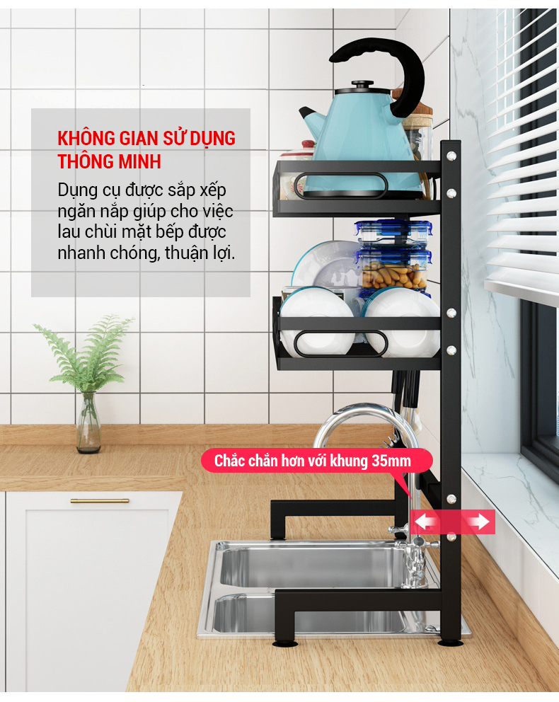 Kệ Đựng Chén Bát Trên Bồn Rửa Thông Minh Kalpen KB2K85 Sơn Đen Tĩnh Điện 5 Lớp, Đựng Chén Bát Gia Vị Đũa Thớt Dao Muỗng Gọn Gàng - Hàng chính hãng