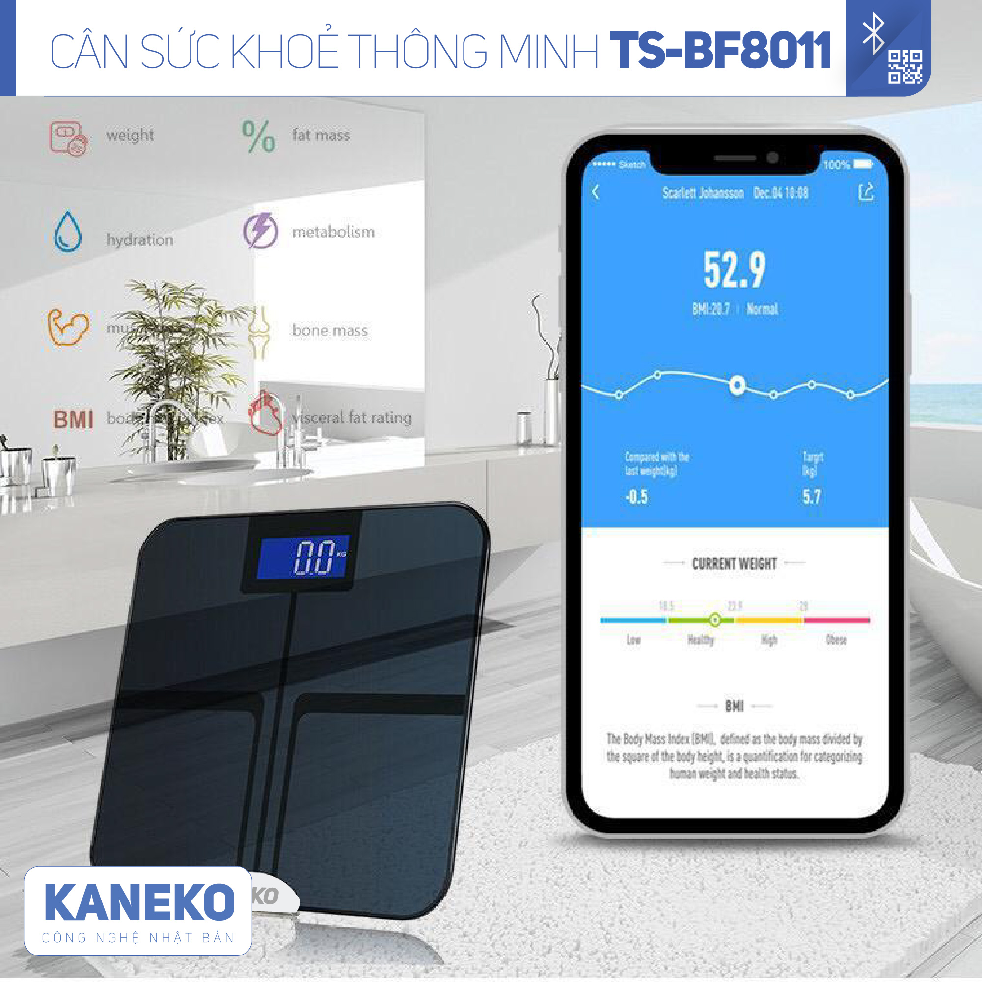 Cân sức khoẻ thông minh điện tử KANEKO TSBF8011,cân phân tích sức khoẻ điện tử,cân sức khoẻ dành cho gia đình,cân điện tử thông minh kết nối bluetooth,cân đo 12 chỉ số cơ thể