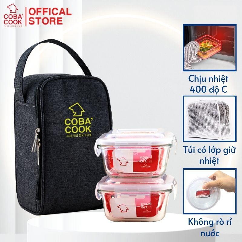Bộ 2 hộp đựng cơm thức ăn ,trũ thực phẩm thủy tinh chịu nhiệt COBA'COOK hình vuông 530ml và 1 túi giữ nhiệt- CCS52BL
