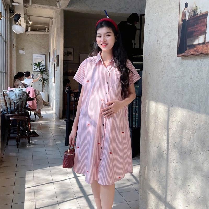 Đầm Bầu Form Dáng Sơ Mi Sọc Xinh Chất Cotton Lụa Mềm Mát, Váy Bầu Cá Tính Size M L - Hồng