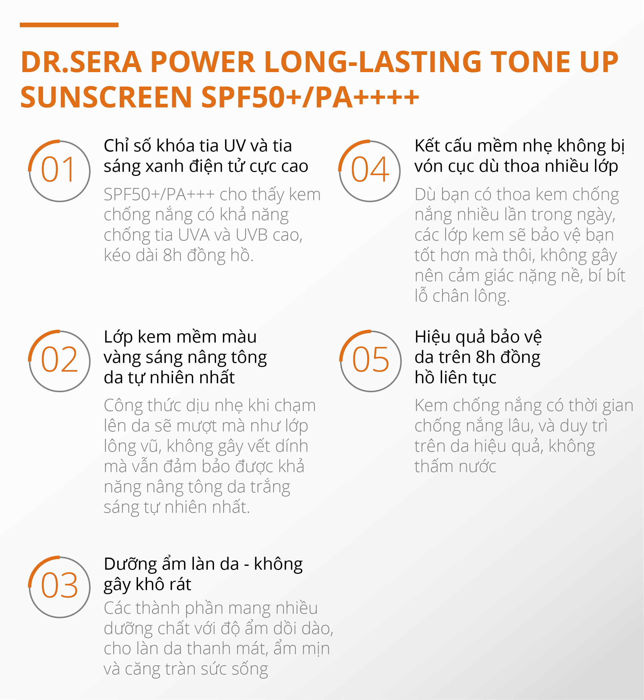 Kem chống nắng Dr.Sera Power Long-Lasting Tone Up Sunscreen SPF50+/PA++++ ngừa tia UV trắng sáng da, che khuyết điểm, hiệu quả dài lâu