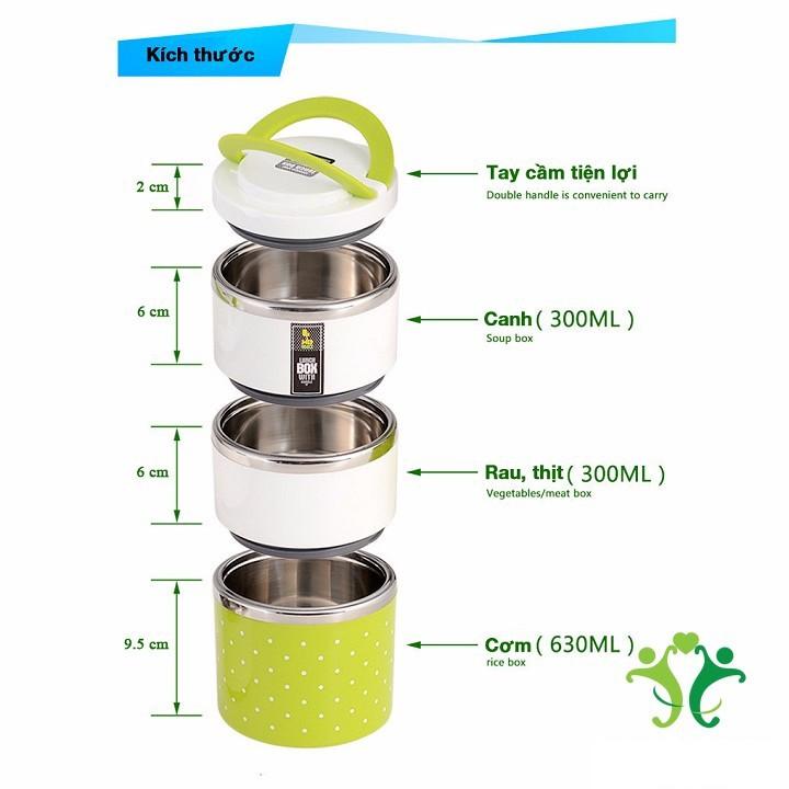Cặp lồng cơm 3 tầng chấm bi ruột inox giữ nhiệt - Hộp cơm 3 tầng chấm bi
