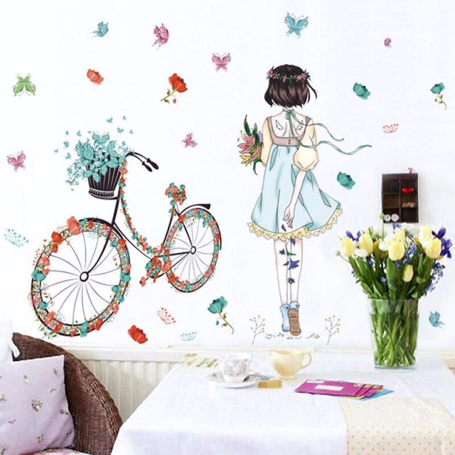 Decal dán tường chuông gió và cô gái xe đạp - HP208