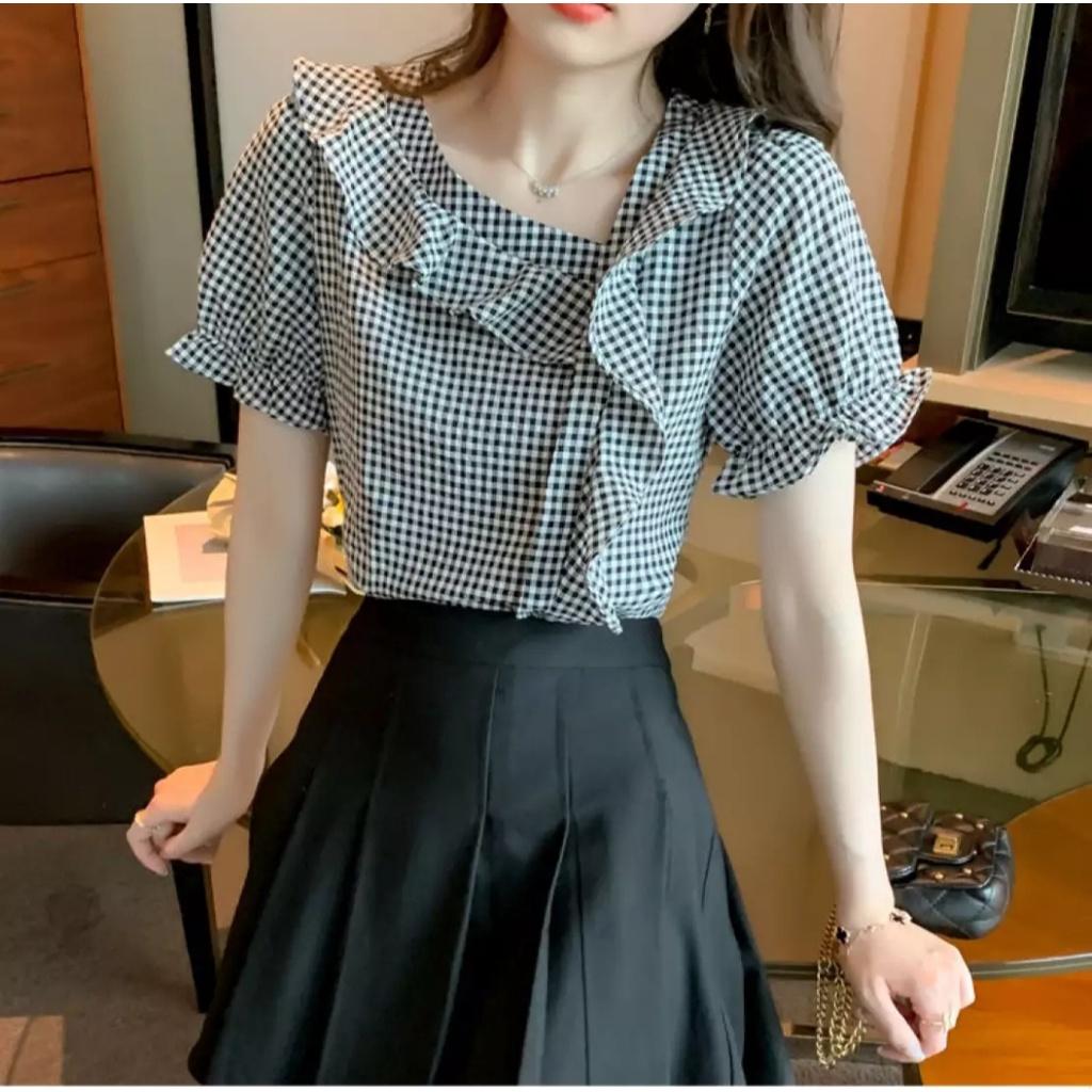 Áo Kiểu Cổ Xéo Phối Bèo Tay Phồng Chất Liệu Kate Xốp