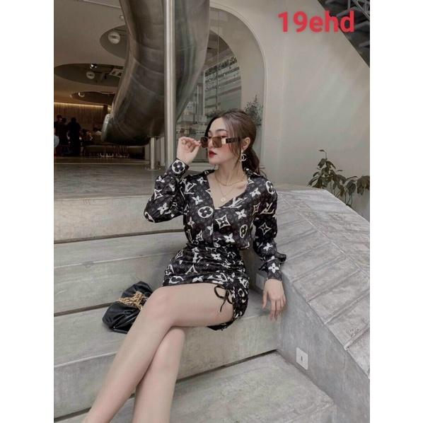 Đầm sơ mi hoạ tiết tay dài rút dây cực cá tính cài nút thật kèm hình thật
