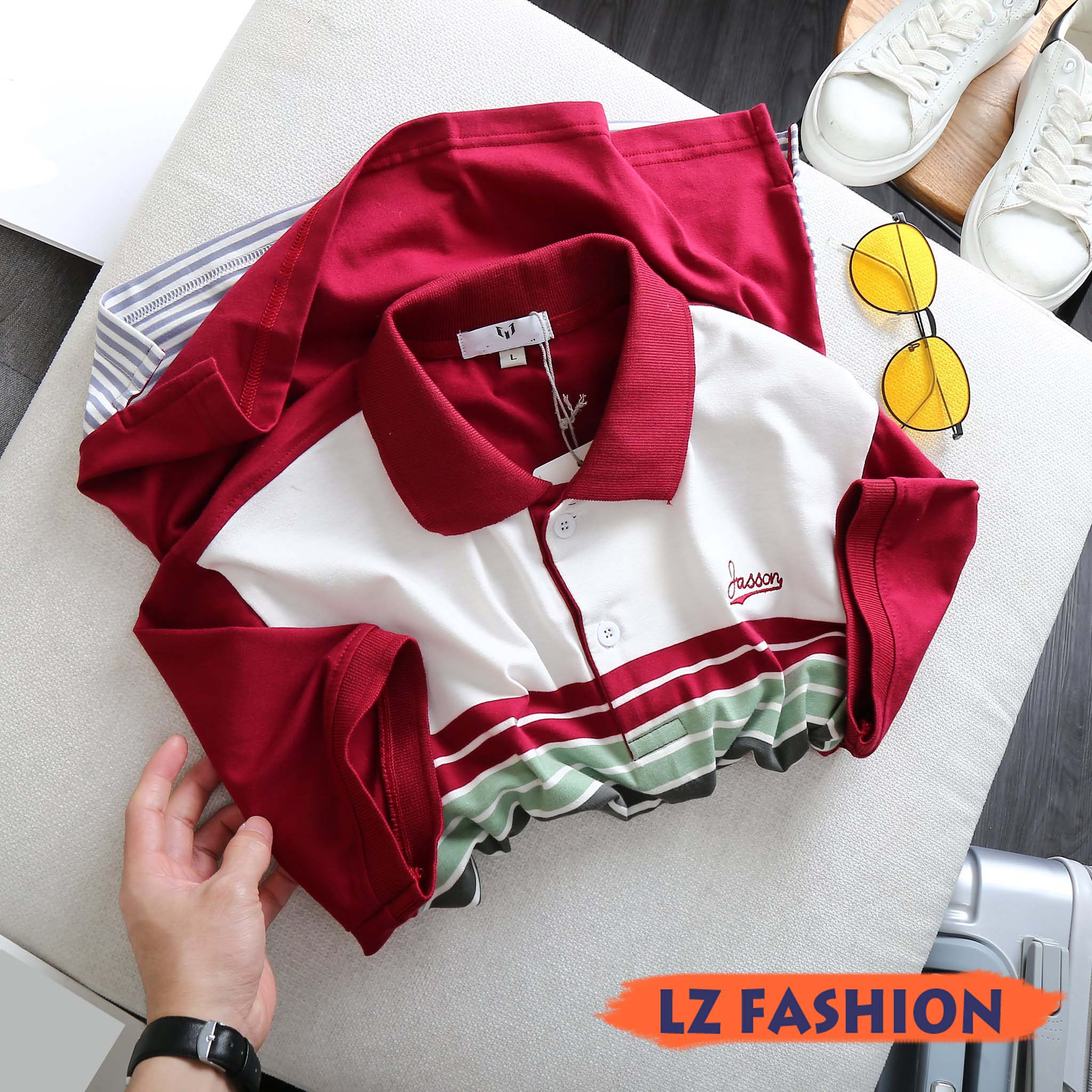 ÁO THUN CỔ BẺ PHỐI SỌC LOGO CHỮ THÊU TRẺ TRUNG - LZ FASHION - LZPS147