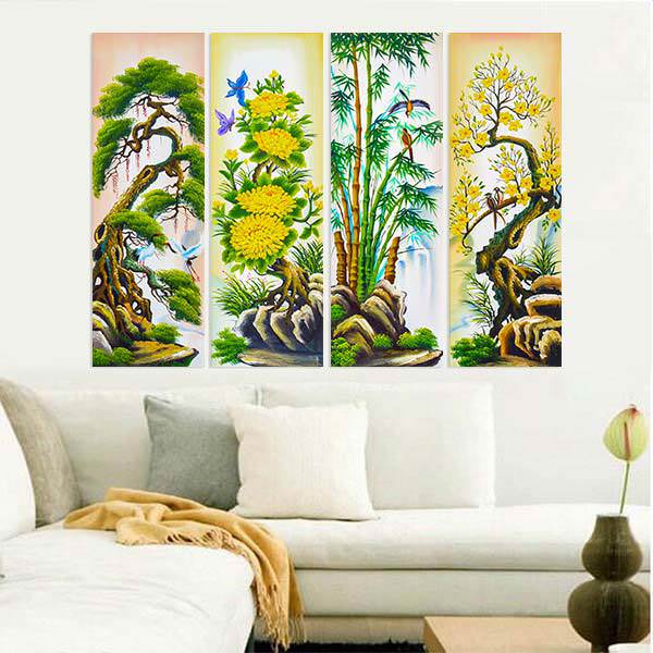 Bộ 4 Tranh Canvas Không Viền Treo Tường Tứ Quý: Tùng - Cúc - Trúc - Mai W288