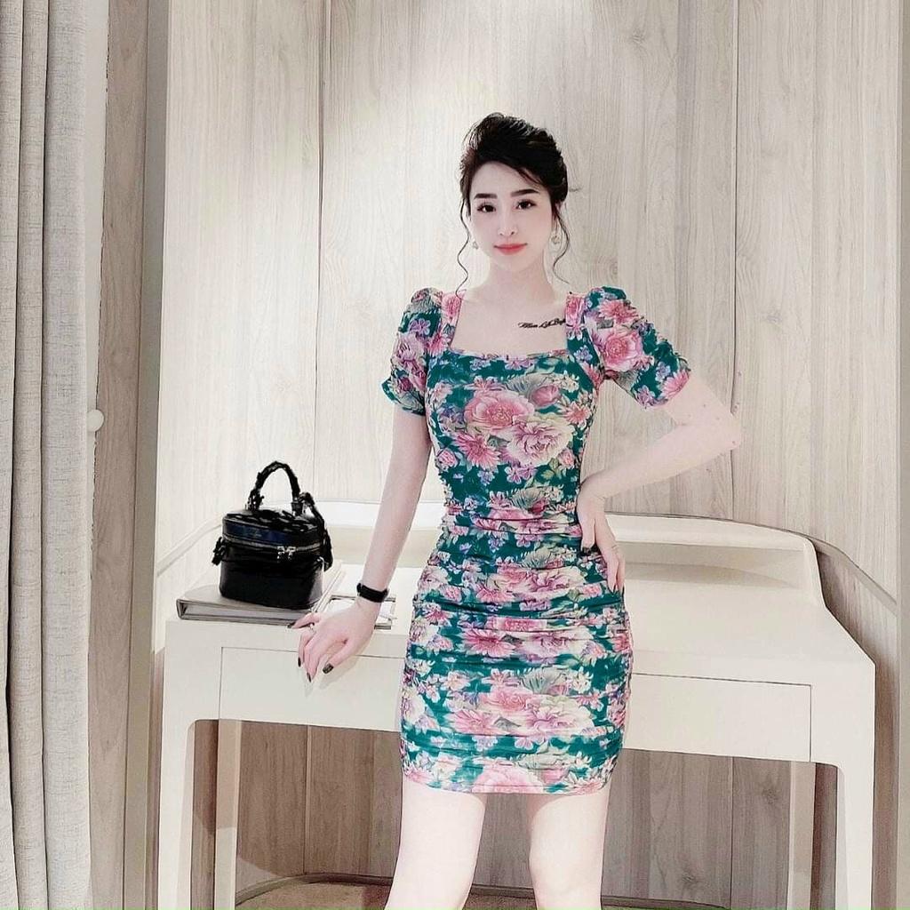 Đầm body nhún xếp ly hoạ tiết hoa sang chảnh