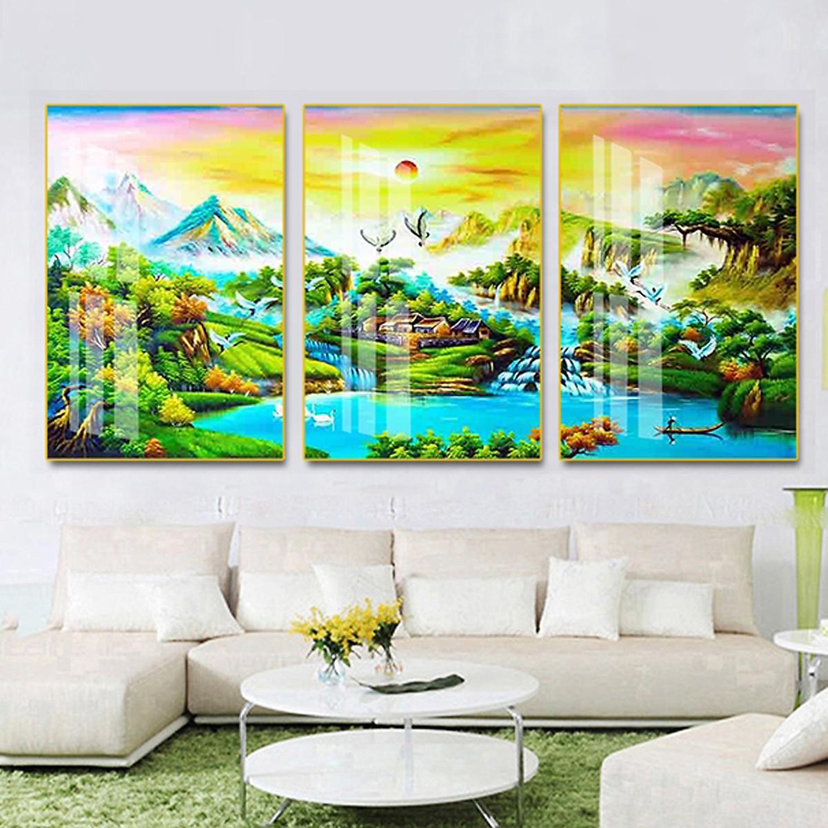 Tranh Tráng Gương Cao Cấp Treo Tường Hiện Đại _ Tranh Bộ 3 Phong Cảnh Đồng Quê