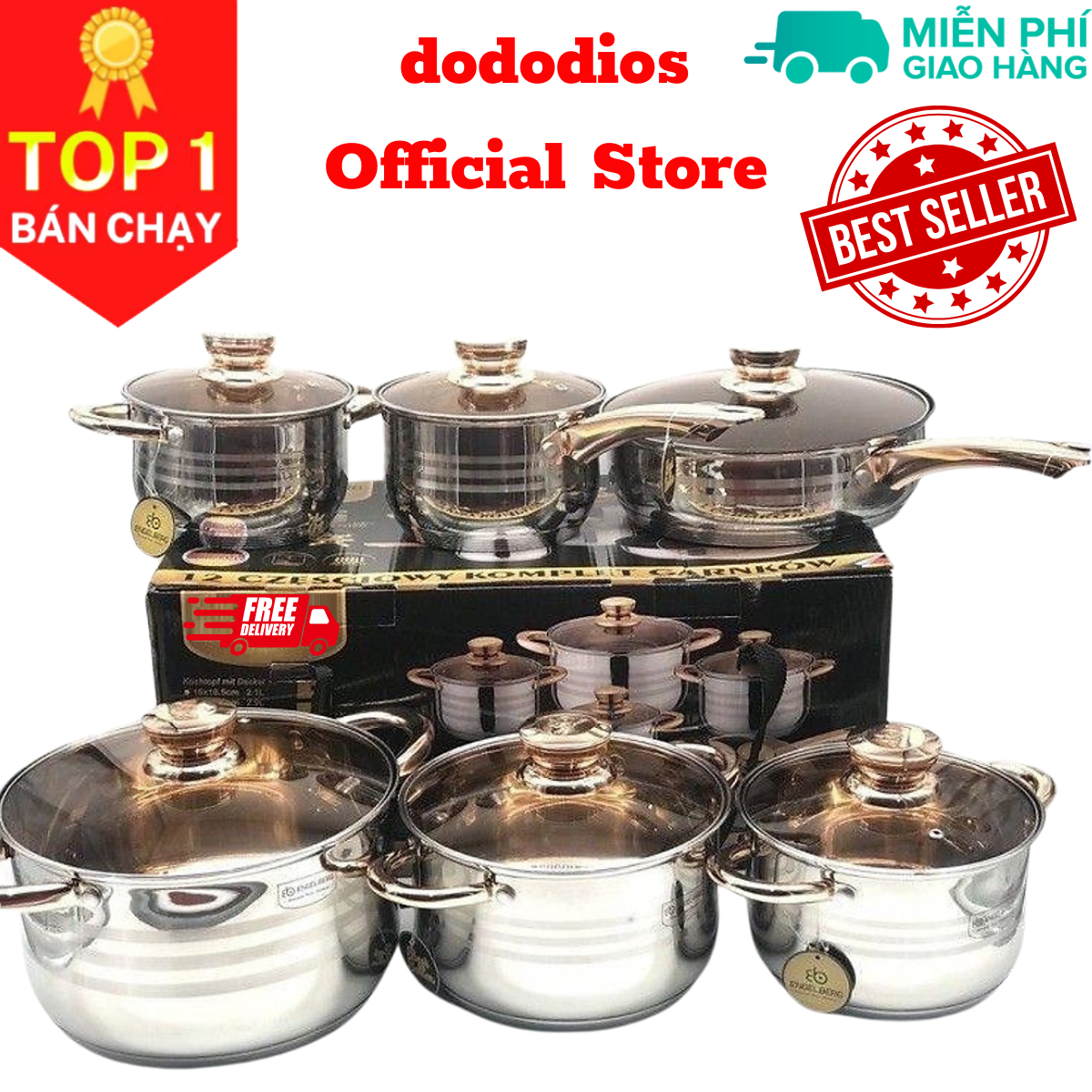 Hình ảnh Bộ Nồi Đức 6 món 12 chi tiết đáy 5 lớp cao cấp - Chính hãng dododios, Bộ nồi Đức dododios 6 món 12 chi tiết dùng cho mọi loại bếp, bộ nồi inox dày dặn tráng men vàng kèm nắp kính