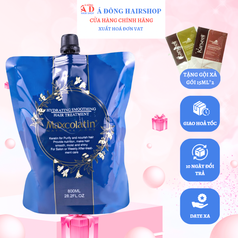 Kem ủ tóc Maxcolatin Nature Care Keratin phục hồi tóc hư tổn, dưỡng siêu mềm mượt 800ml + Gội xả gói Karseell 15ml