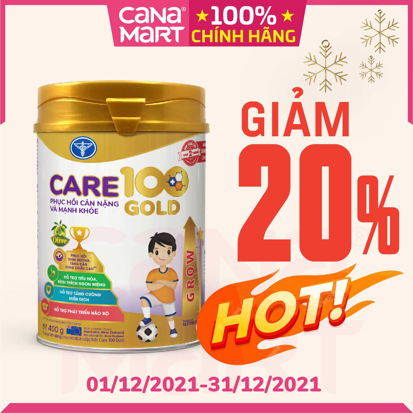 Sữa bột tốt cho bé Care 100 GOLD dành cho trẻ thấp còi, biếng ăn (400g)