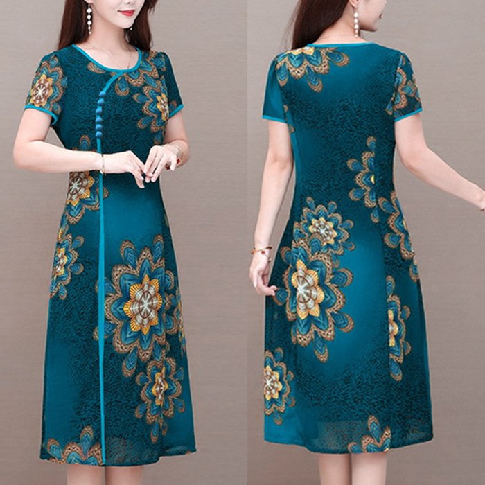 GOTI - Đầm Suông Dự Tiệc Trung Niên Kiểu Váy Đầm Trung Niên Cao Cấp Dành Cho Mẹ U50 U60 In Họa Tiết Cổ Tàu Đính Nút 3240 3310