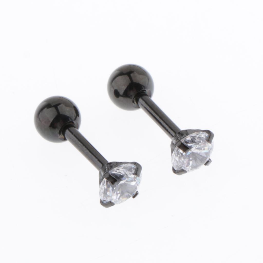 2X 6 Pairs Stainless Steel Ball Screw Back Earrings Star Heart Moon Stud Black