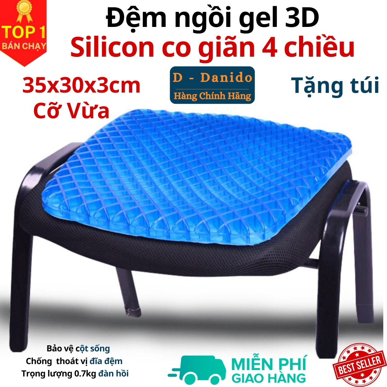 Đệm ngồi Gel 3D tổ ong thoáng khí kích thước 35x30x3cm và 42x37x3.5cm, Đệm ngồi cao cấp chất liệu Silicon mát lạnh siêu êm - Hàng chính hãng