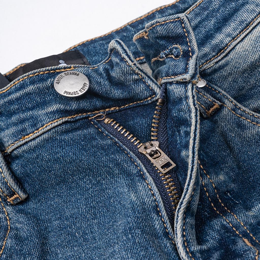 Quần jeans nam xanh trơn đẹp 4MEN QJ031 vải cao cấp co giãn, form slimfit tôn dáng
