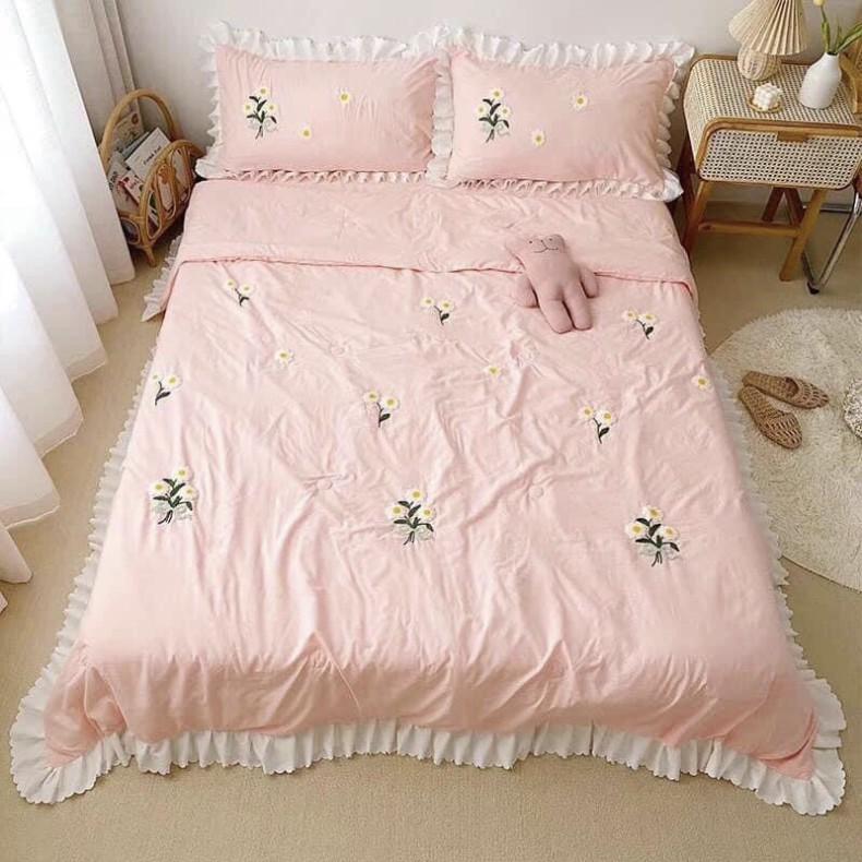 Bộ Chăn Ga Gối Cotton Đũi Chăn Chần Thêu Hoạ Tiết Hoa Cúc - Dâu Tây Trơn 1 Màu Chất Vải Siêu Mềm Mịn