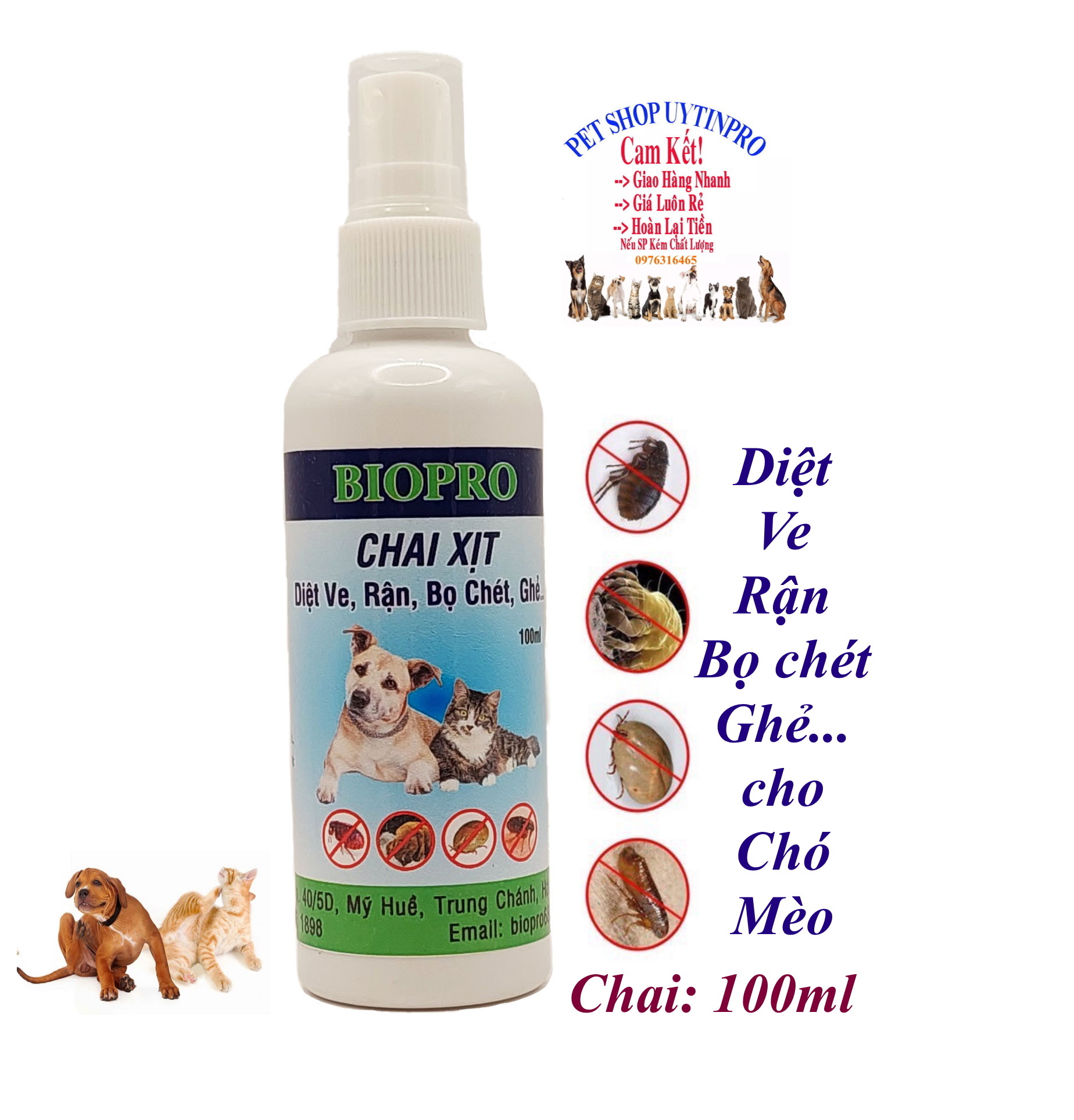 Chai xịt diệt ve rận bọ chét cho chó mèo Biopro Diệt sạch ve, rận, bọ chét ở thú cưng và khu vực nuôi thú cưng