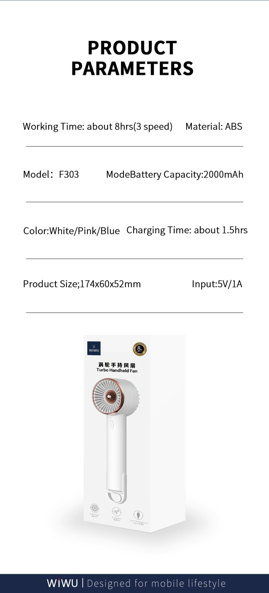 Quạt Wiwu Turbo Handheld Fan F303 quạt mini cầm tay USB được làm bằng chất liệu ABS - Hàng chính hãng