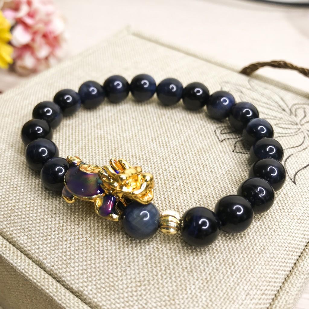 Vòng tay phong thủy mệnh Mộc - Thủy - Vòng phong thủy - Vòng tay nam nữ mắt hổ chim ưng mix long quy vàng V325-08