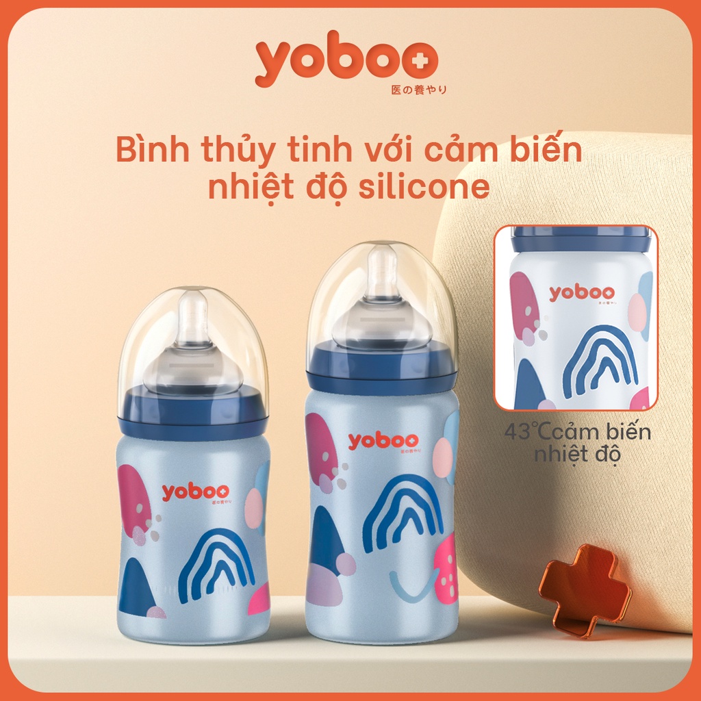 Bình sữa thủy tinh Yoboo dung tích 240ml/ 160ml chịu nhiệt cao có lớp bọc silicone cảm biến nhiệt - Hàng chính hãng