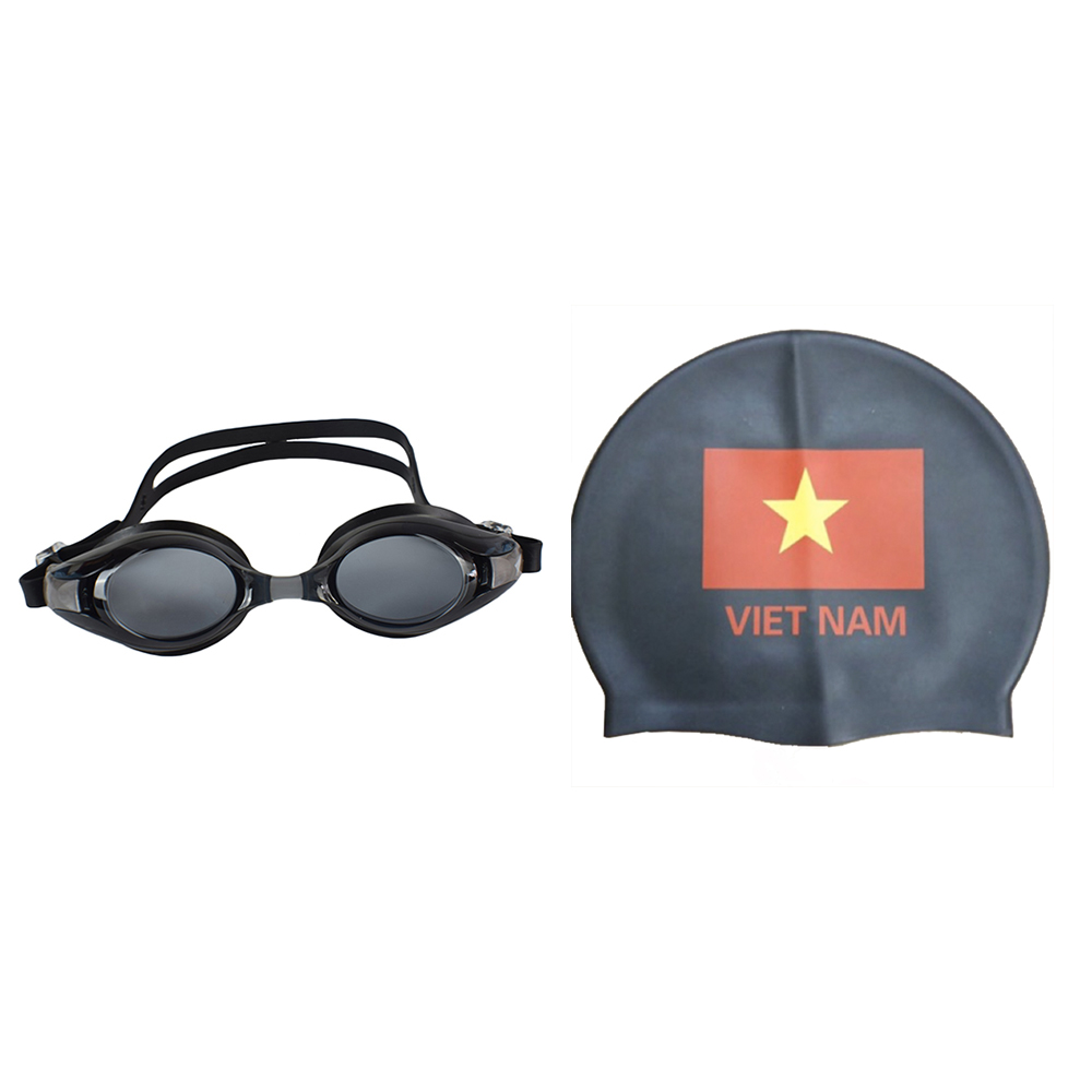 Bộ Kính Bơi VIEW V500S  Chống Tia UV Chống Sương Mù Và Nón Bơi In Hoạ Tiết Lá Cờ (Đen) - Hàng Chính Hãng