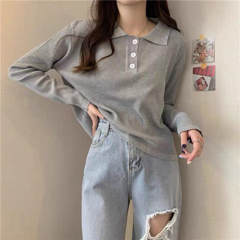 MS415 Áo polo len tăm nữ màu trơn cổ bẻ dáng basic