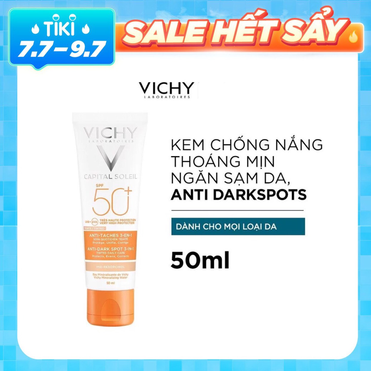 Vichy Kem Chống Nắng Ngăn Sạm Da & Giảm Thâm Nám Chống Tia UVA & UVB Ideal Soleil Anti Dark Spot SPF50 50ml