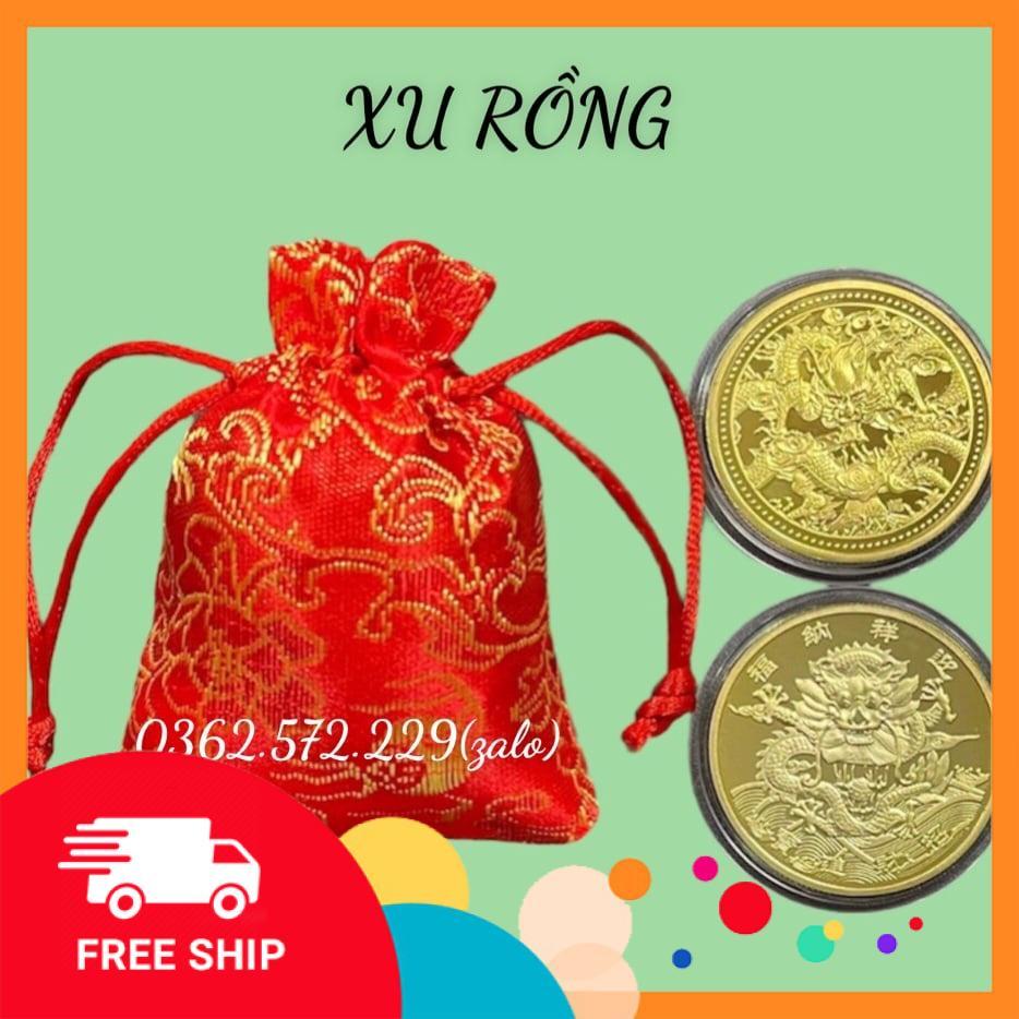 Đồng xu Rồng phong thuỷ may mắn tặng hộp nhung ,móc khóa, túi gấm đỏ may mắn tai lộc