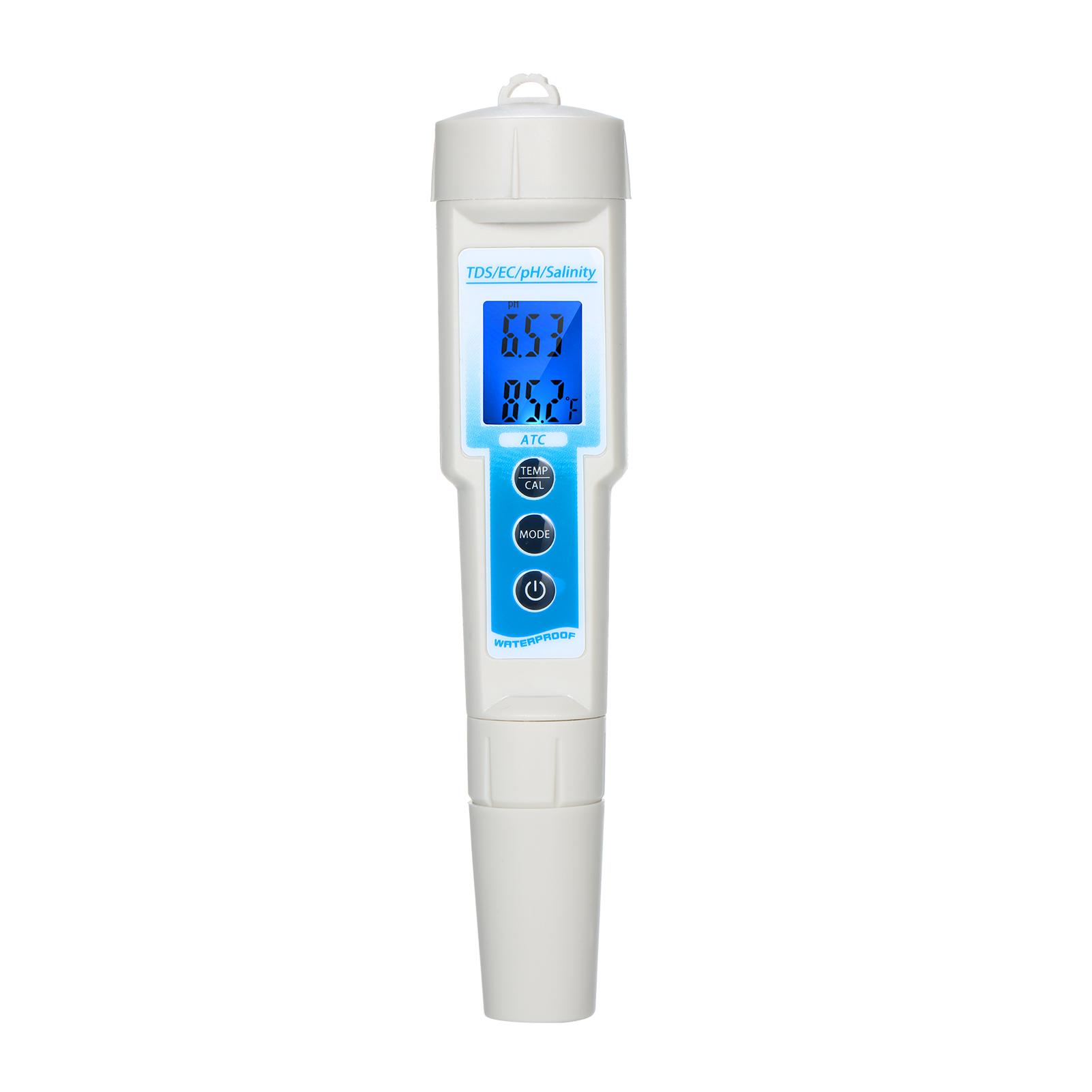 5-in-1 pH Meter Waterproof Multifunctional TDS/EC/pH/Salinity/Temperature Meter Water Quality Tester Blue Backlight LCD