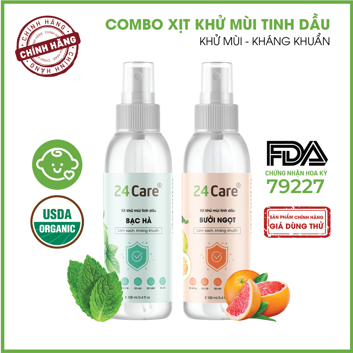 Combo 2 Tinh dầu Xịt phòng Bưởi Úc + Bạc Hà Cơ Organic 24Care 100ML/Chai