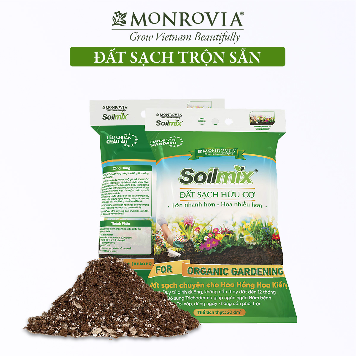 Đất trồng cây SOILMIX cho hoa hồng, cây cảnh, sen đá, rau sạch hữu cơ, bổ sung phân bón vi sinh, trichoderma, đá perlite