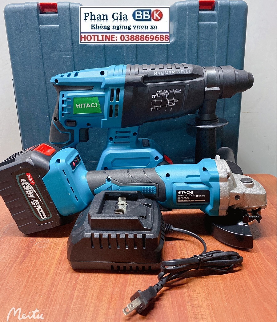Bộ Combo 2 Máy Gồm Máy Khoan Đục Bê Tông Và Máy Cắt, Máy Mài Cầm Tay Dùng Pin 15 Cell 199V Lõi Đồng - Động Cơ Không Than