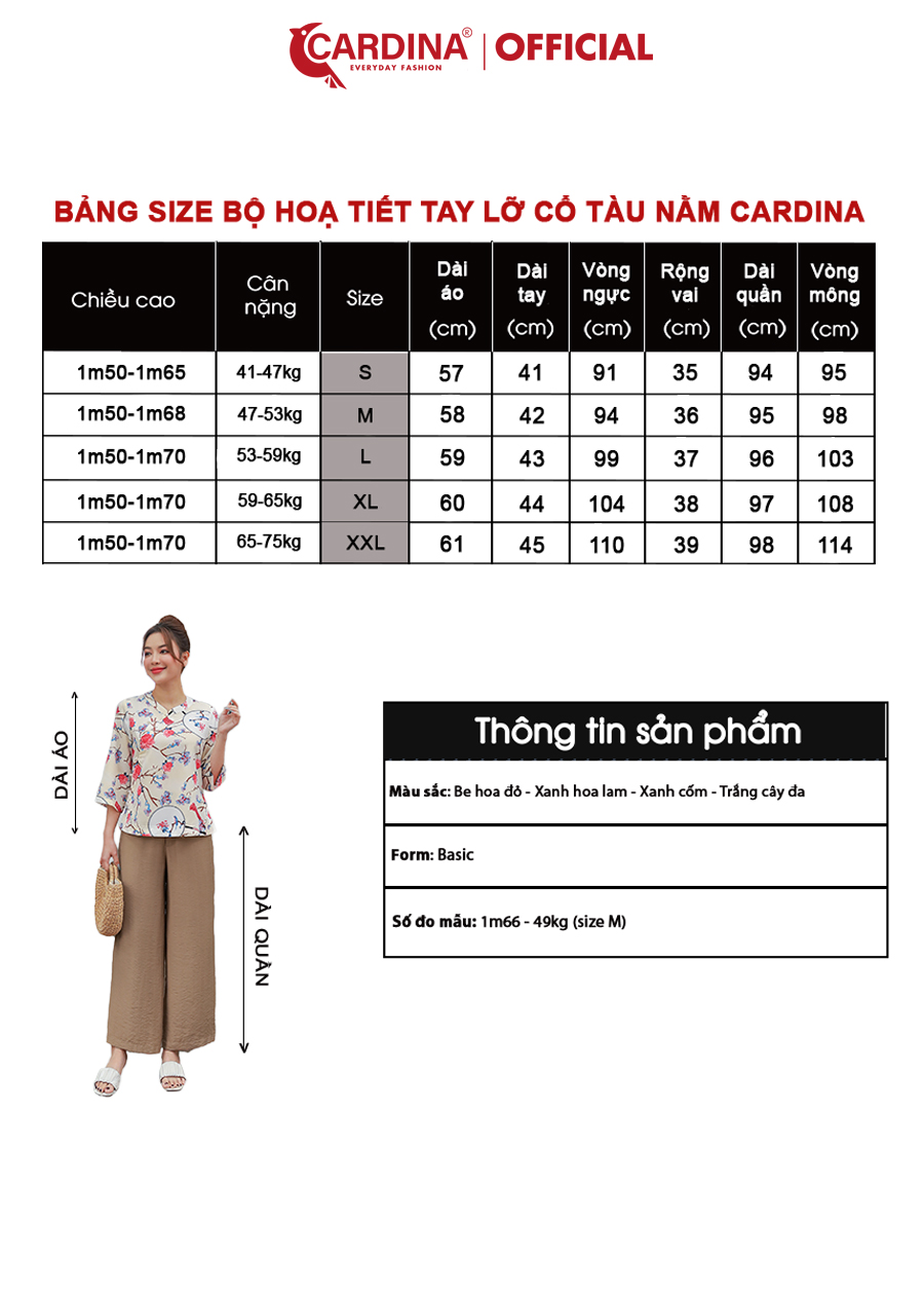 Đồ Bộ Nữ CARDINA Cao Cấp Bộ Đi Chùa Áo Lụa Mango Họa Tiết Cổ Tàu Tay Lỡ Quần Dài Chất Đũi Bamboo 3MF01