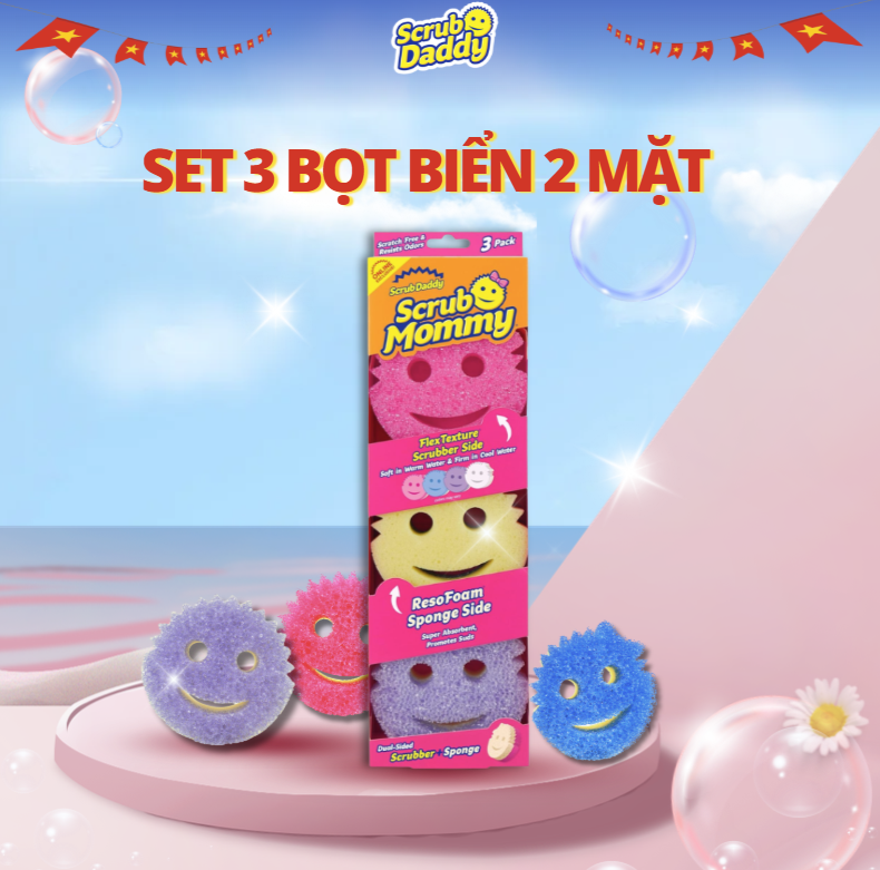 Set 3 miếng Mặt Cười Colors Scrub Mommy - 2 mặt đa năng - an toàn - chống mùi