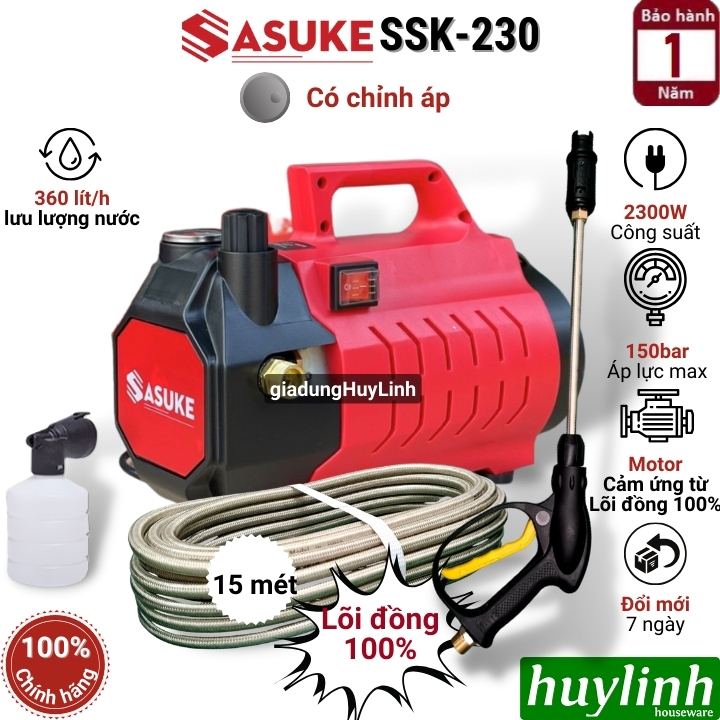 [Chống giật] Máy xịt rửa xe Chỉnh Áp Sasuke SSK-230 PLUS  - Công suất 2300W - Áp lực 150 bar - Motor lõi đồng 100%