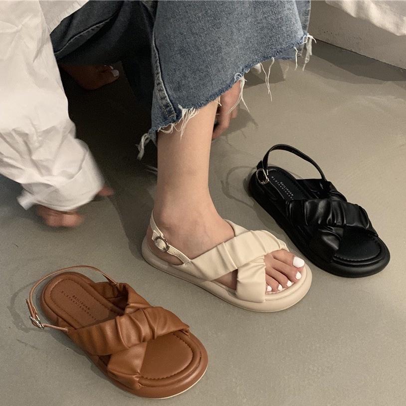 GIÀY SANDAL ĐẾ BẰNG QUAI CHÉO NHÚNG PHONG CÁCH RETRO G10