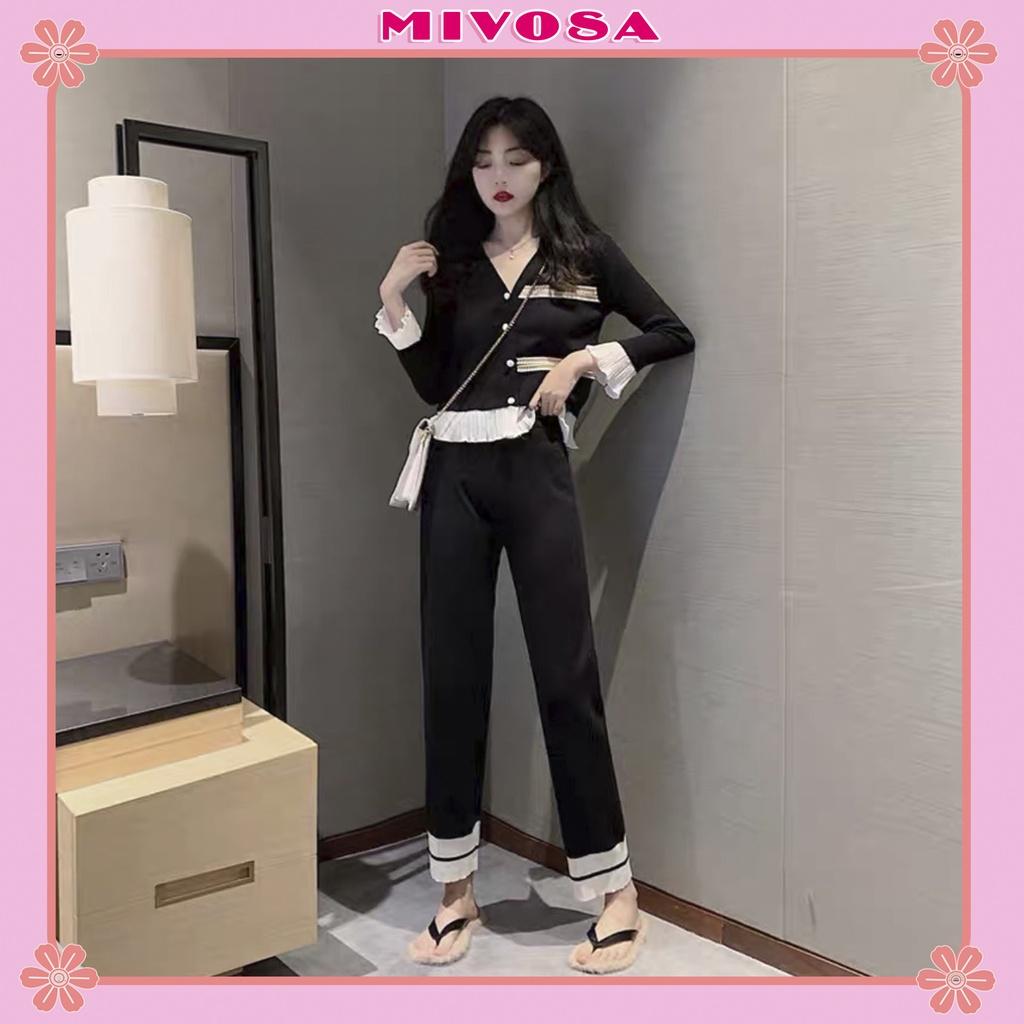 Set bộ len nữ ren viền bèo tiểu thư đồ bộ nữ len tăm dài tay cúc ngọc MÉTSHOP TR01