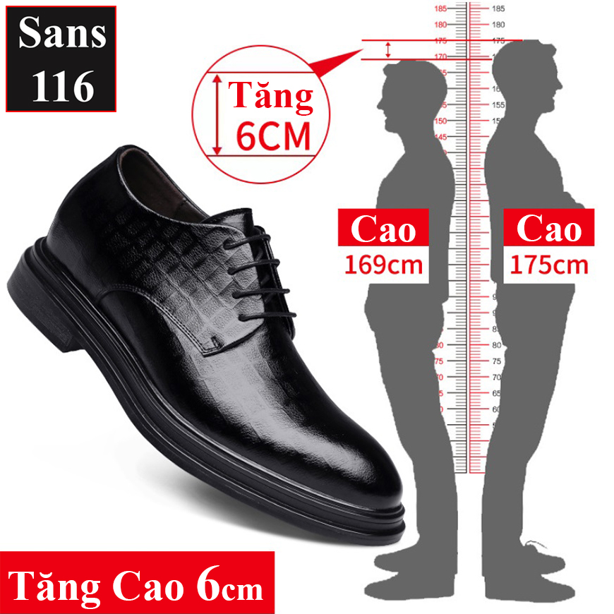 Giầy tây nam tăng chiều cao 6cm Sans116 giày derby công sở đen độn đế buộc dây cao cấp chú rể đám cưới mặc vest